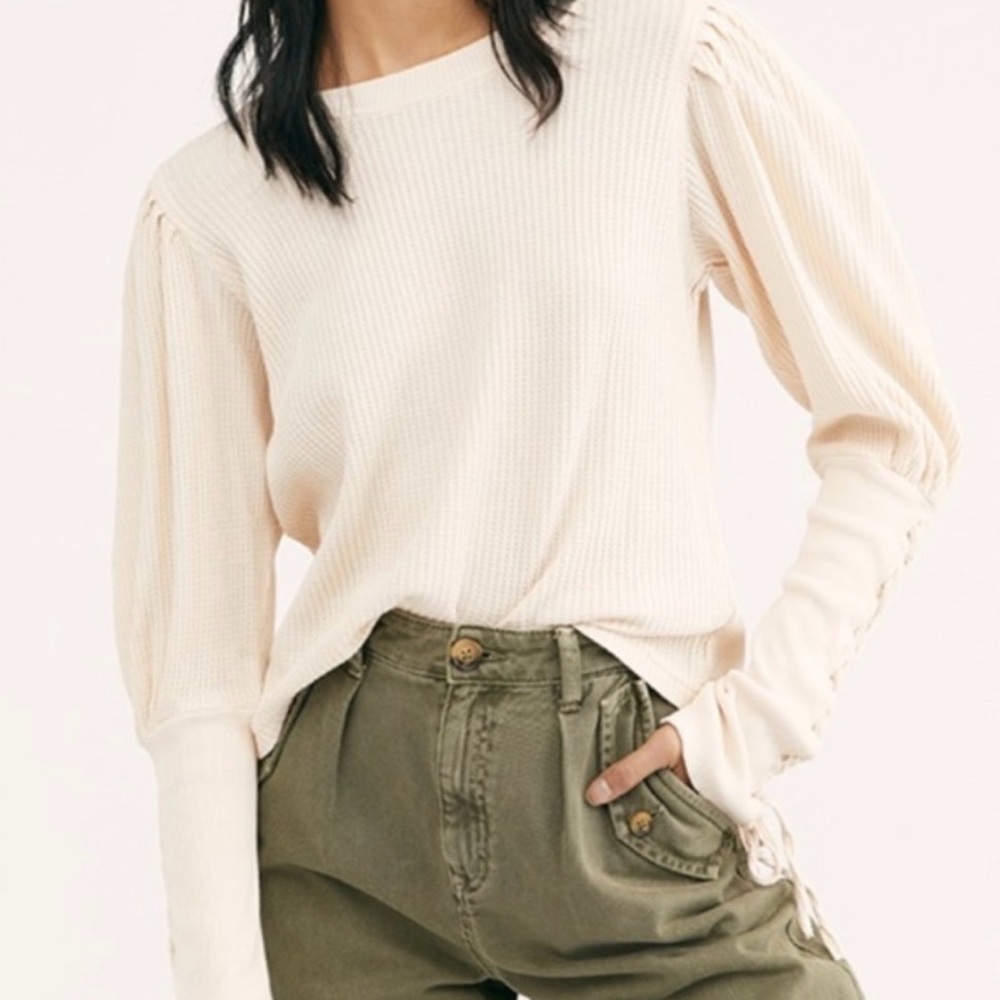Cream Ribbed Women's Top Medium Puff Sleeve